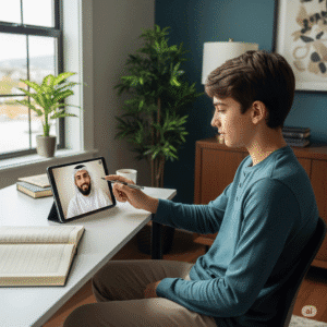 alt=Native Arabic Quran teacher giving an online Quran classes to a student