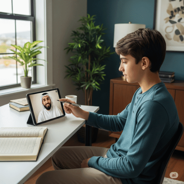 alt=Native Arabic Quran teacher giving an online Quran classes to a student in USA