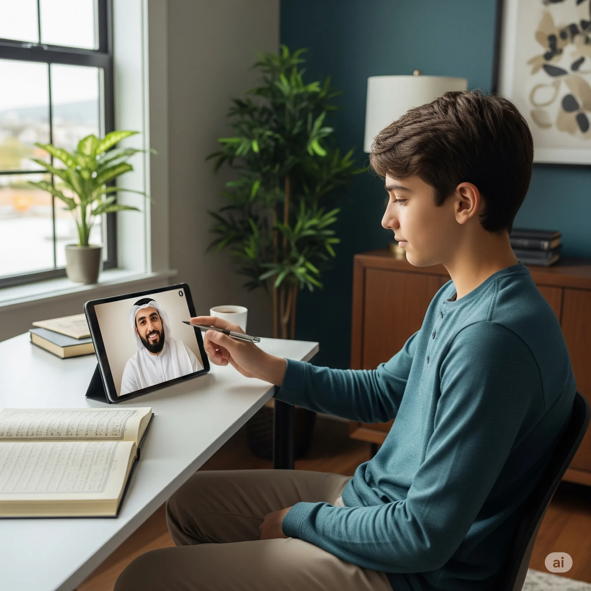 home 1 alt=Native Arabic Quran teacher giving an online Quran classes to a student in USA
